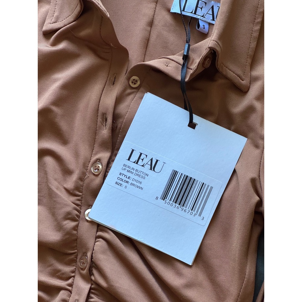 NWT L'EAU Berlin Button Up Mini Dress Chic Brown Ruched Long Sleeve Small Twee - Picture 5 of 10